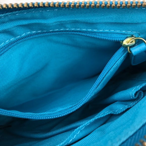 Fossil Blue Tan Canvas Crossbody Purse Handbag - Picture 7 of 8